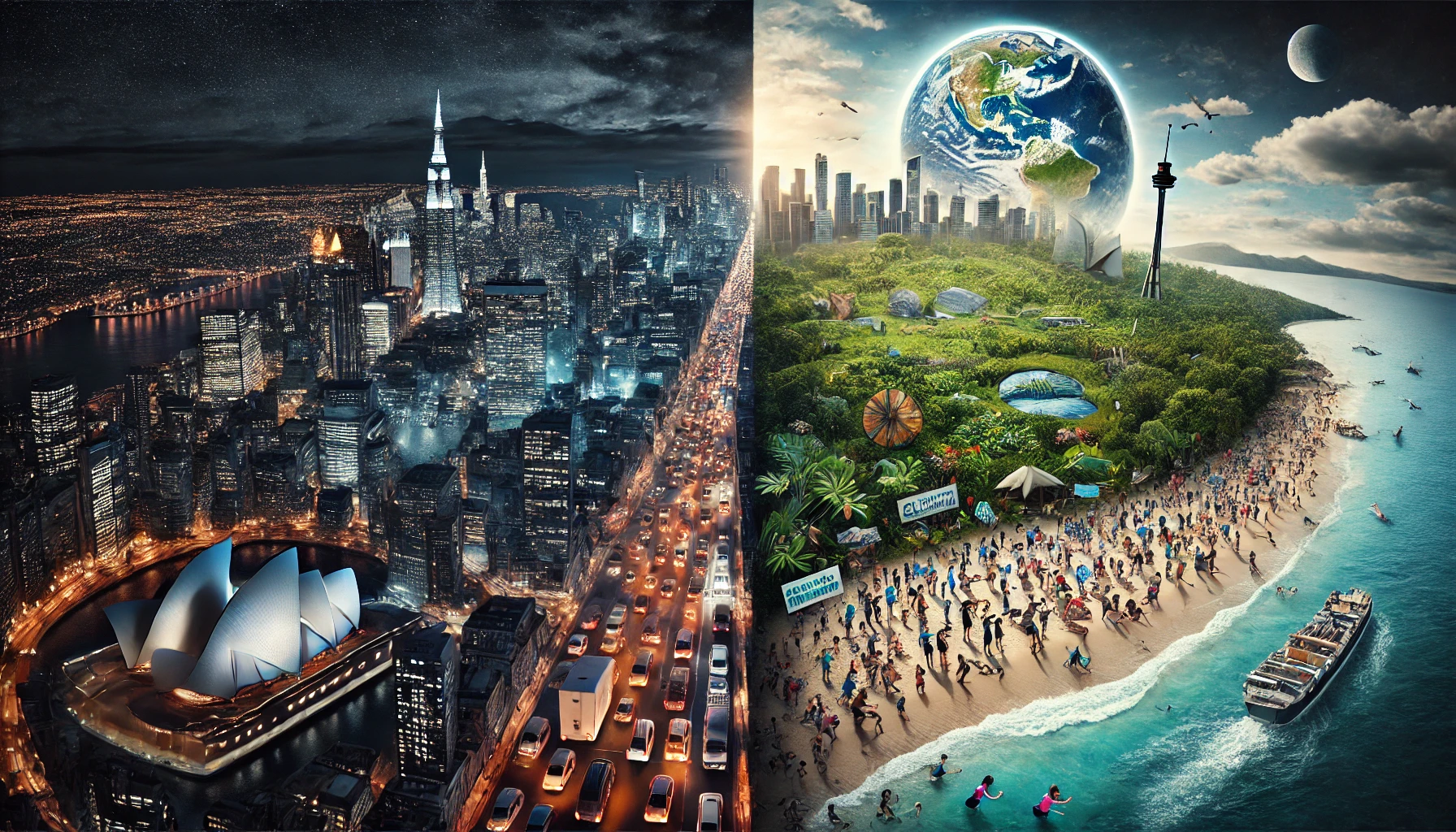 Earth Hour 2025: Global landmarks like the Sydney Opera House in darkness. Earth Day 2025 volunteers planting trees in a deforested area.
