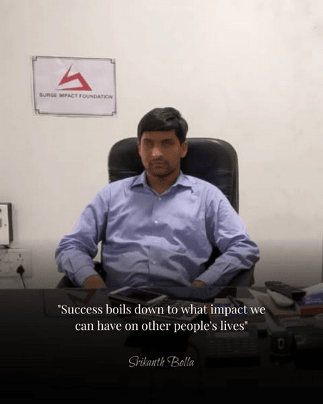 Srikanth Bolla, visually impaired CEO of Bollant Industries, holding eco-friendly packaging.
Srikanth Bolla, MIT alumnus and founder of Bollant Industries, advocating for inclusive employment.