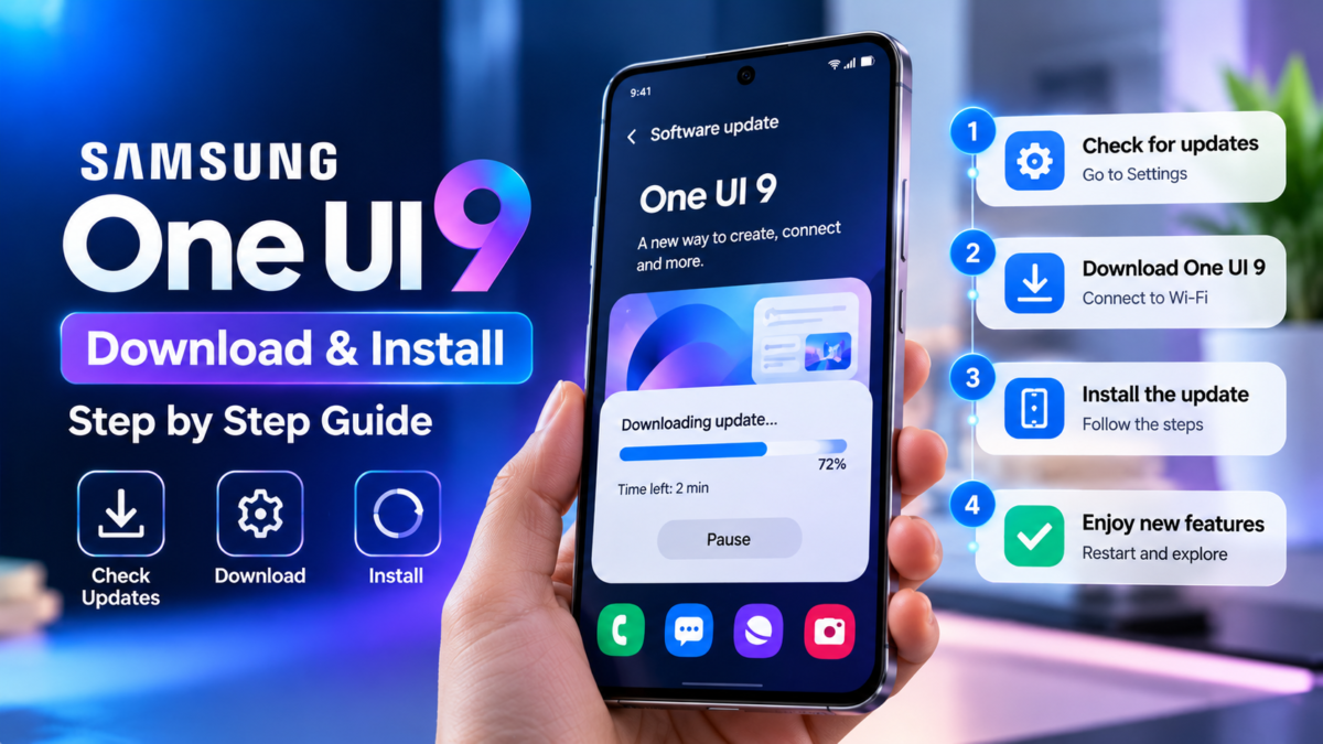How to download Samsung One UI 9 software update download and installation guide displayed on a smartphone.