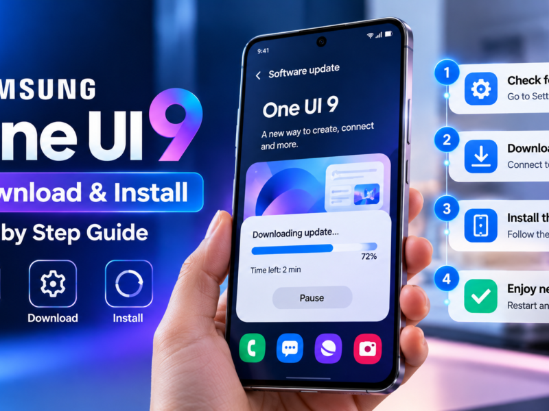 How to download Samsung One UI 9 software update download and installation guide displayed on a smartphone.