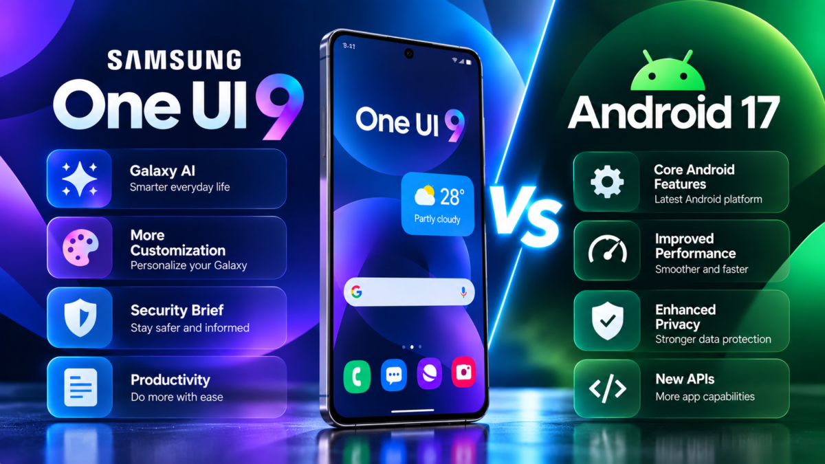 Samsung One UI 9 vs Android 17 comparison showing Galaxy AI, customization, security and Android platform features.