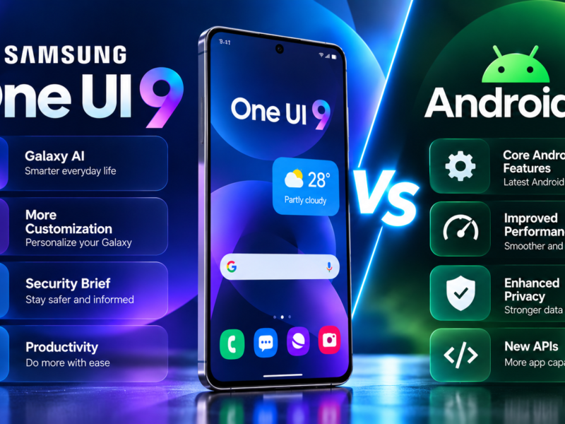 Samsung One UI 9 vs Android 17 comparison showing Galaxy AI, customization, security and Android platform features.