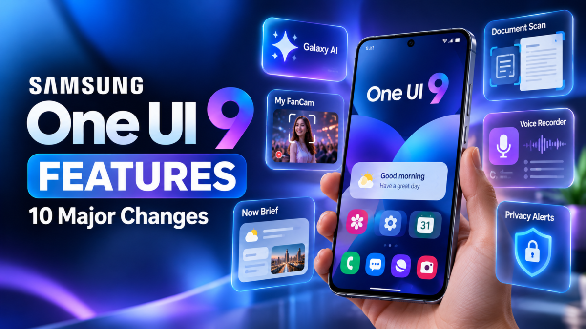 Samsung One UI 9 features including Galaxy AI, My FanCam, Now Brief, Document Scan and Privacy Alerts.
