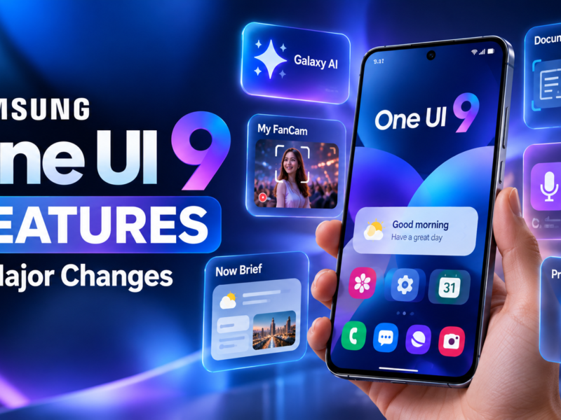 Samsung One UI 9 features including Galaxy AI, My FanCam, Now Brief, Document Scan and Privacy Alerts.